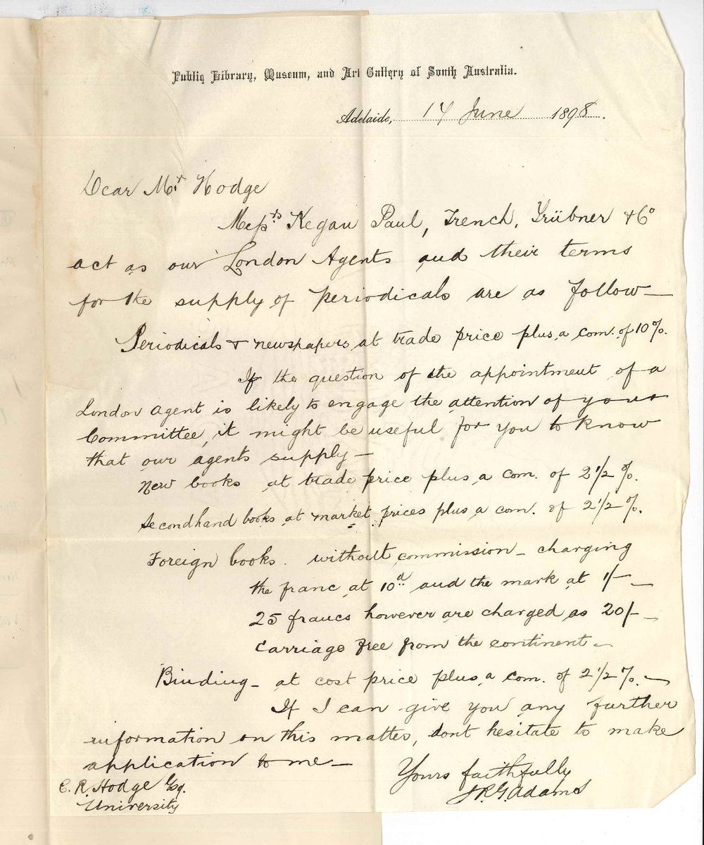 Joseph Robert George Adams - Public Library - Giving names of London Agents and Terms