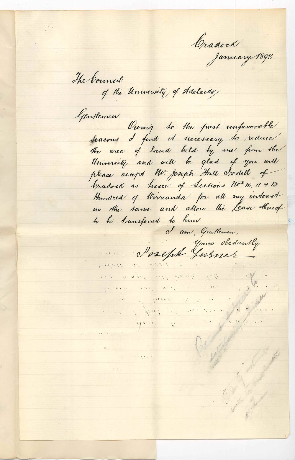 Joseph Turner - Cradock - Request for University Sections 10 11 and 13 Wirreanda to be transferred to Mr Joseph Hall Iredell