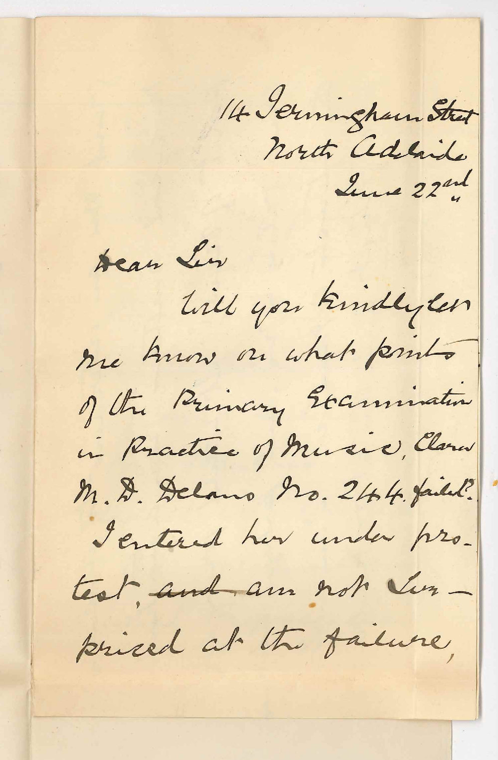 Bessie Scott - North Adelaide - Points Clare M D Delano failed in Primary Exam and requesting interview with Professor Joshua Ives