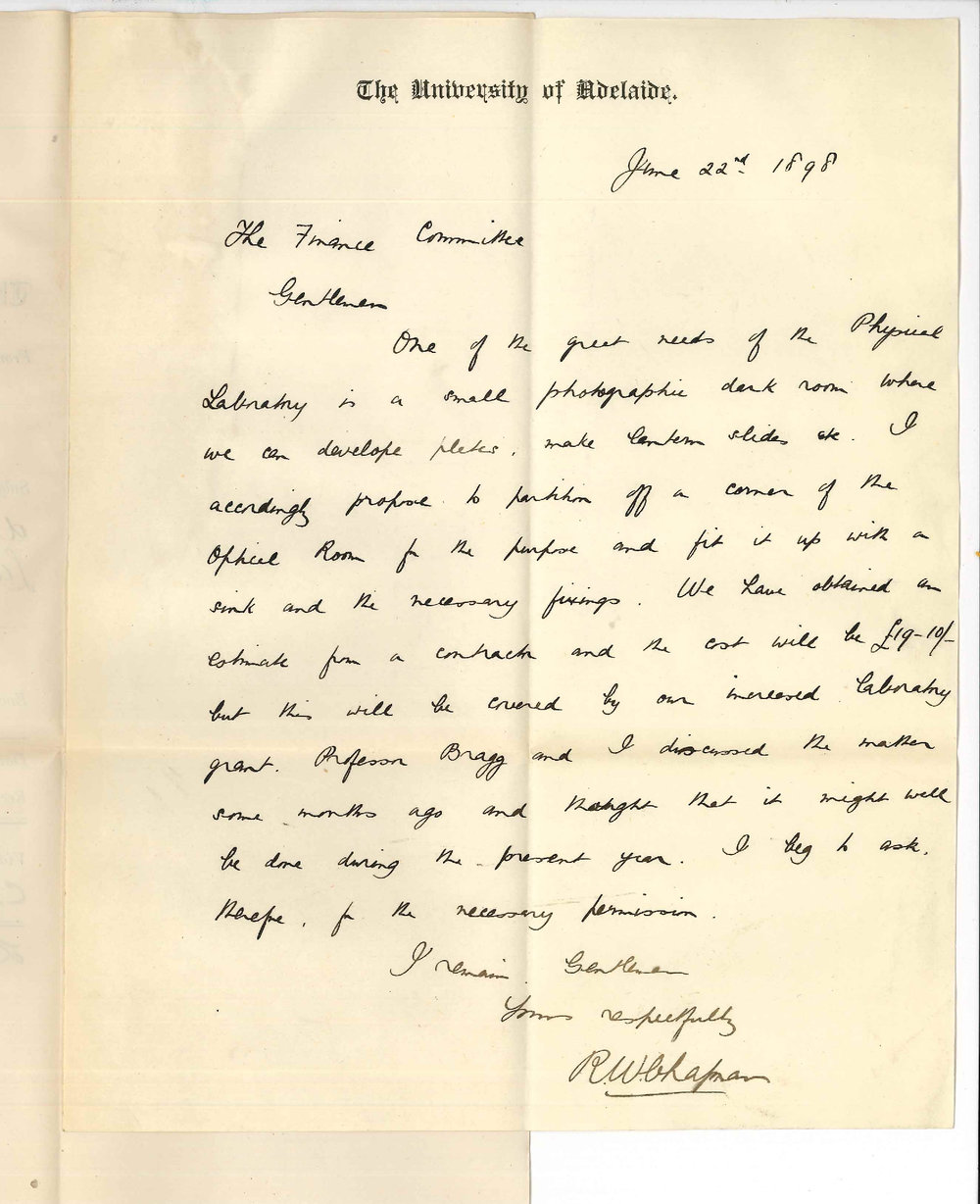 Robert William Chapman - Request for Photographic Dark Room in Physical Laboratory
