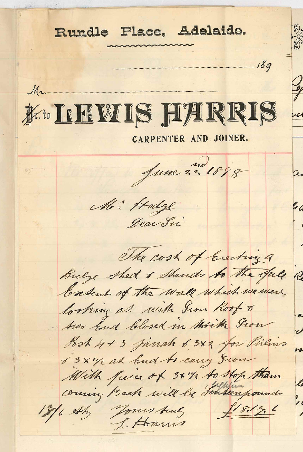 Lewis Harris and Langsford Brothers - Tenders for erecting Bicycle sheds