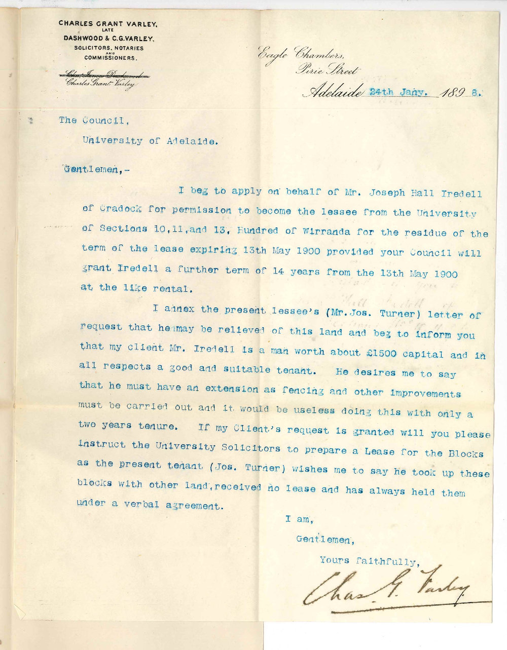 Charles Grant Varley - Adelaide - Request for University Sections 10 11 and 13 Wirreanda now held by Joseph Turner to be transferred to Mr Joseph Hall Iredell