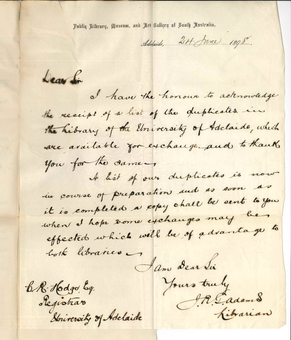 Joseph Robert George Adams - Concerning duplicates of books in the Public Library