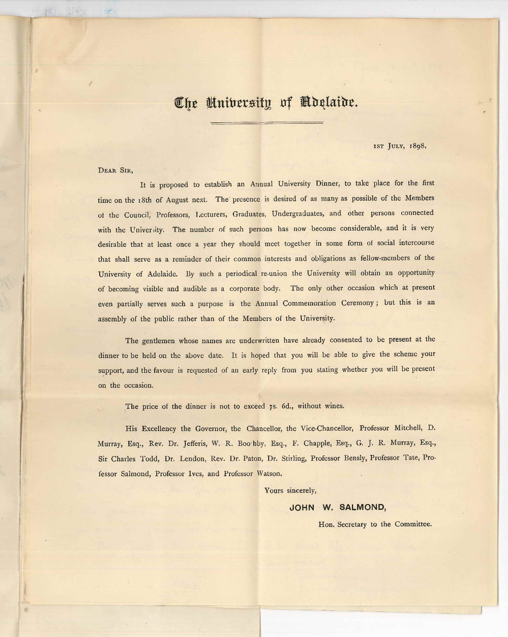 Professor John William Salmond - The University - Concerning the establishment of an Annual University Dinner