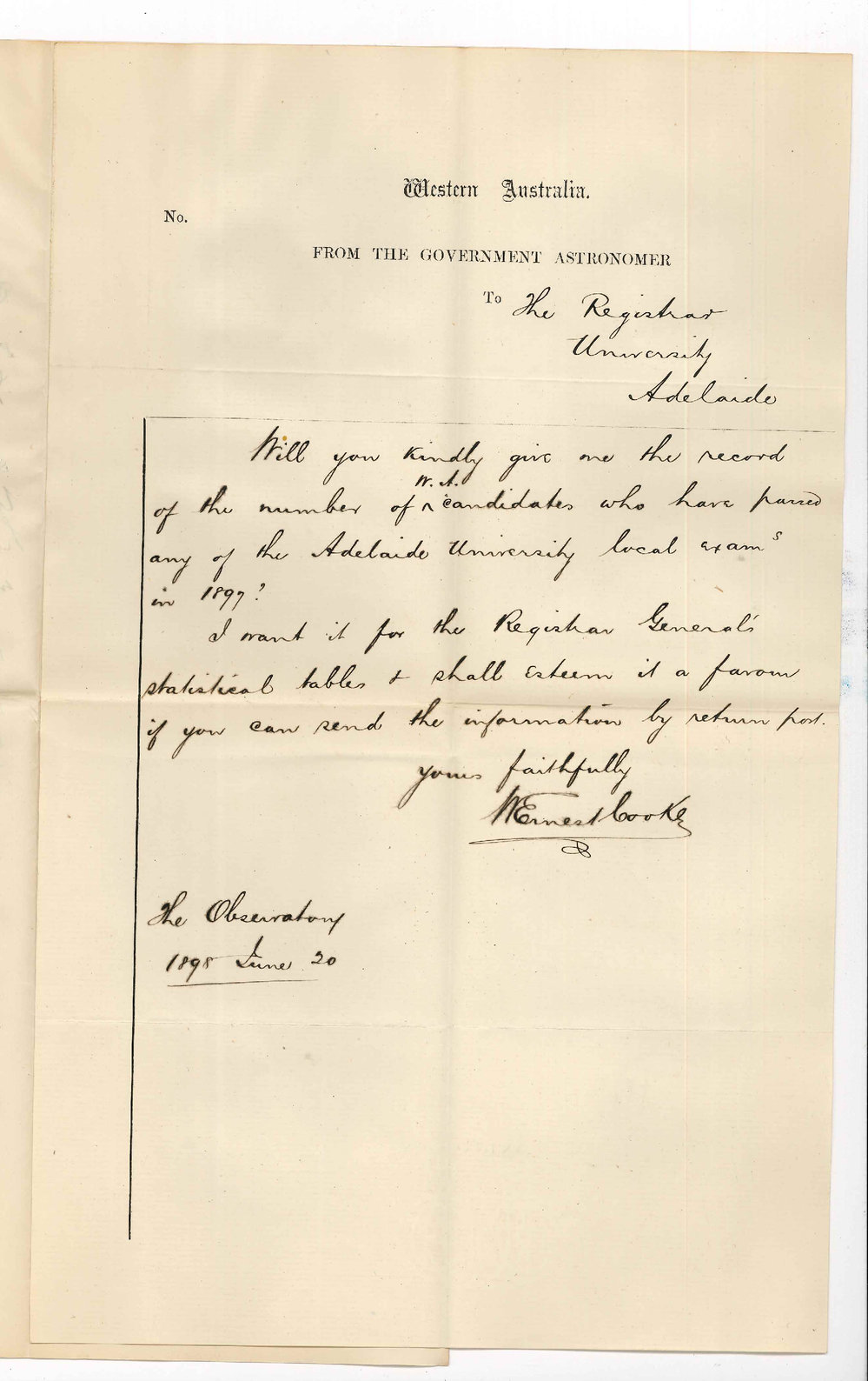 William Ernest Cooke - Honourable Secretary Perth Centre - Request for number of WA Candidates who have passed Local Exams in 1897