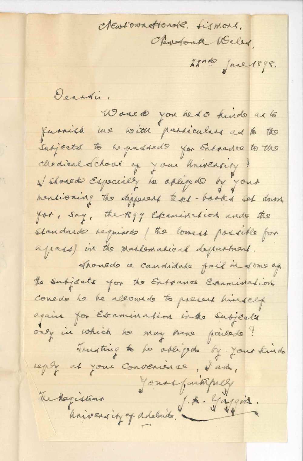 J P Yaggin - Lismore NSW - Regarding the Matric Exam for Medical Course