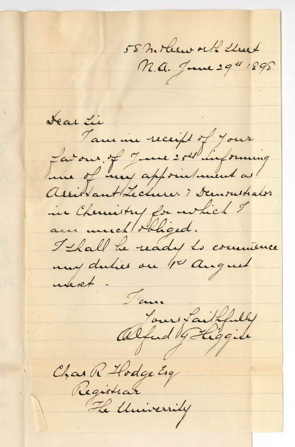 Alfred James Higgin - North Adelaide - Thanks for Appointment Assistant Lecturer and Demonstrator in Chemistry