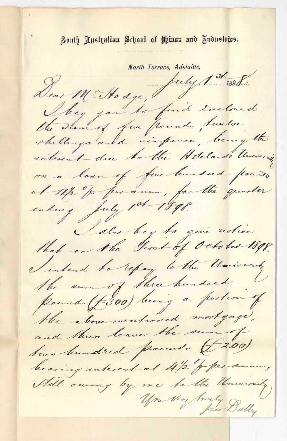 John Dalby - Notifying intention of paying &pound;300 off mortgage of &pound;500 on 1st October 1898