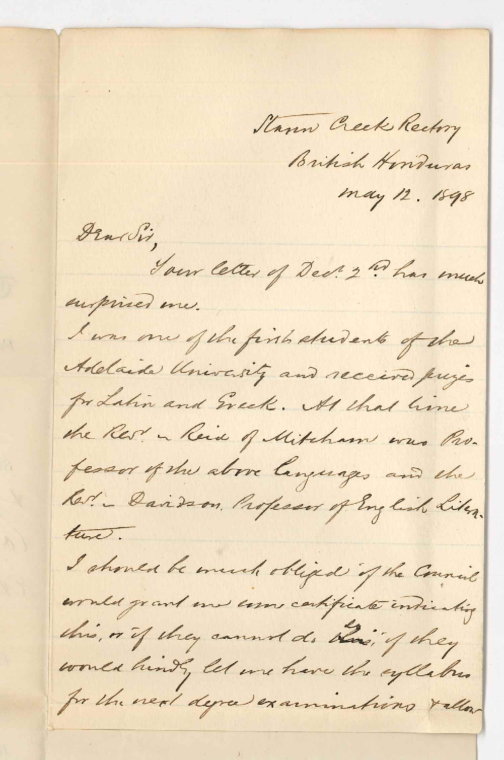 Reverend J F Laughton - British Honduras - Passes in Greek and Latin and permission to enter for next degree Exam in Honduras