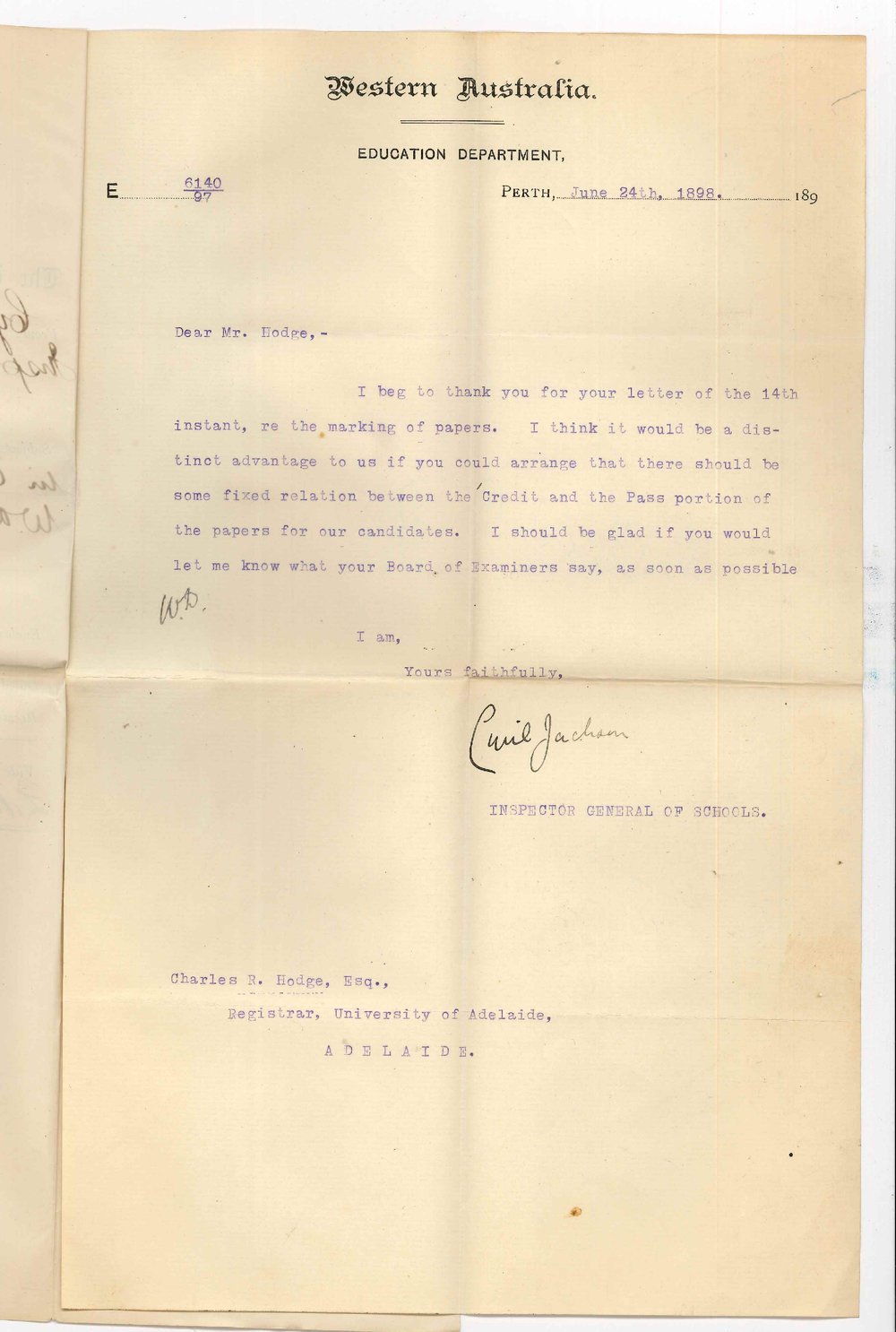 Cyril Jackson - Inspector General of Schools - Perth - Examinations in connection with the WA Education Department