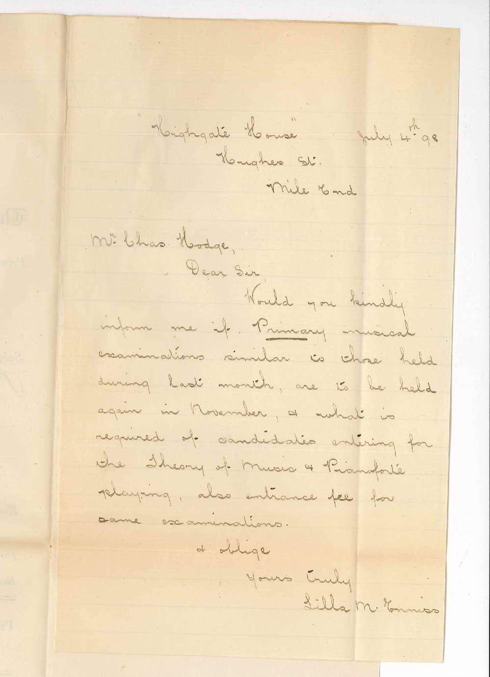 Miss Lilla M Enniss - Mile End - Information re Primary Examinations