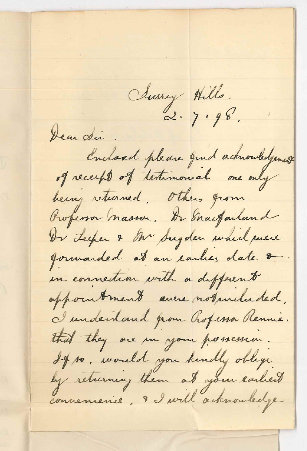 Bertram Steele - Surrey Hills - Asking for return of testimonials