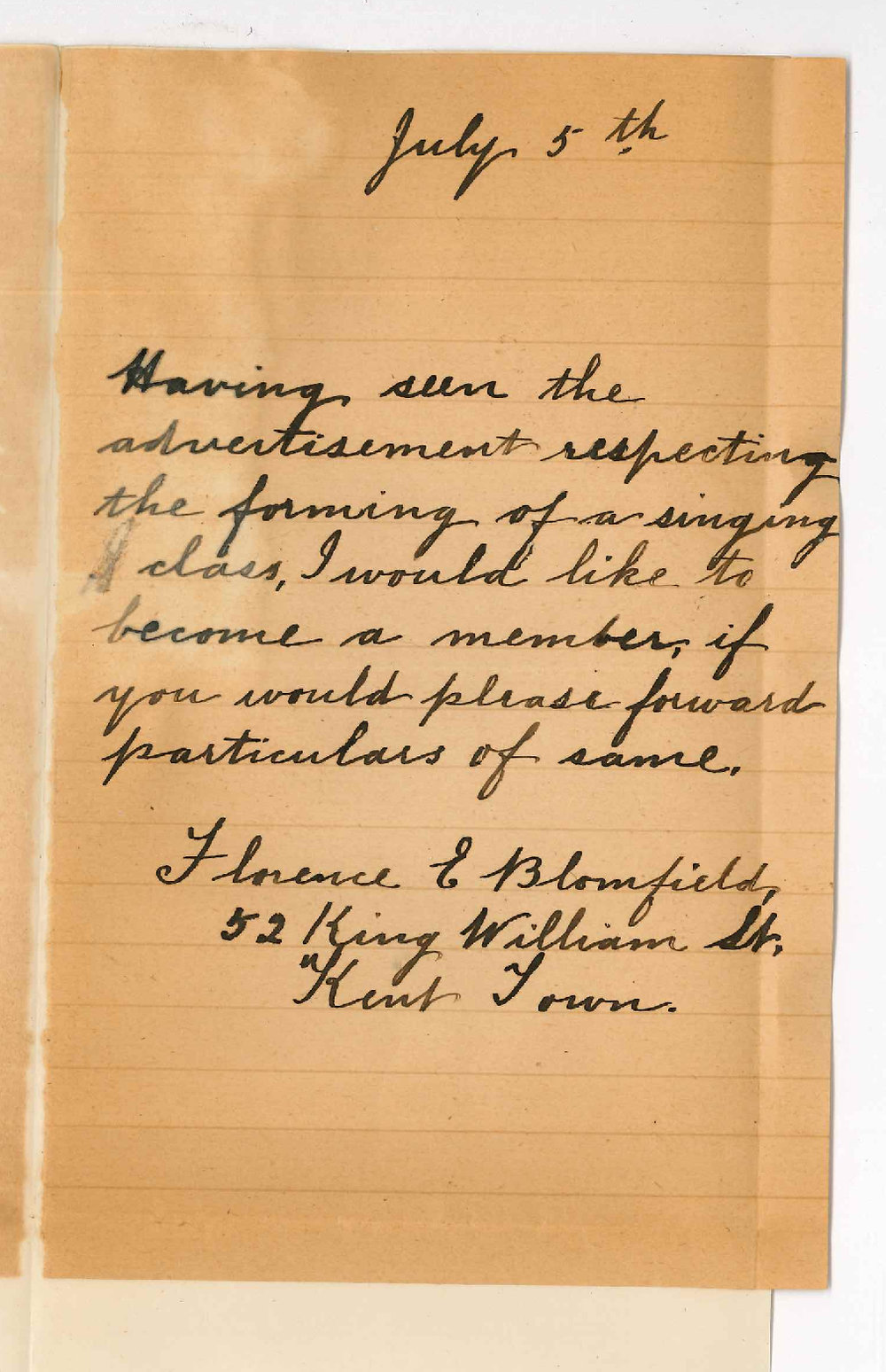 Florence E Blomfield - 52 King William Street Kent Town - Particulars re Singing Class