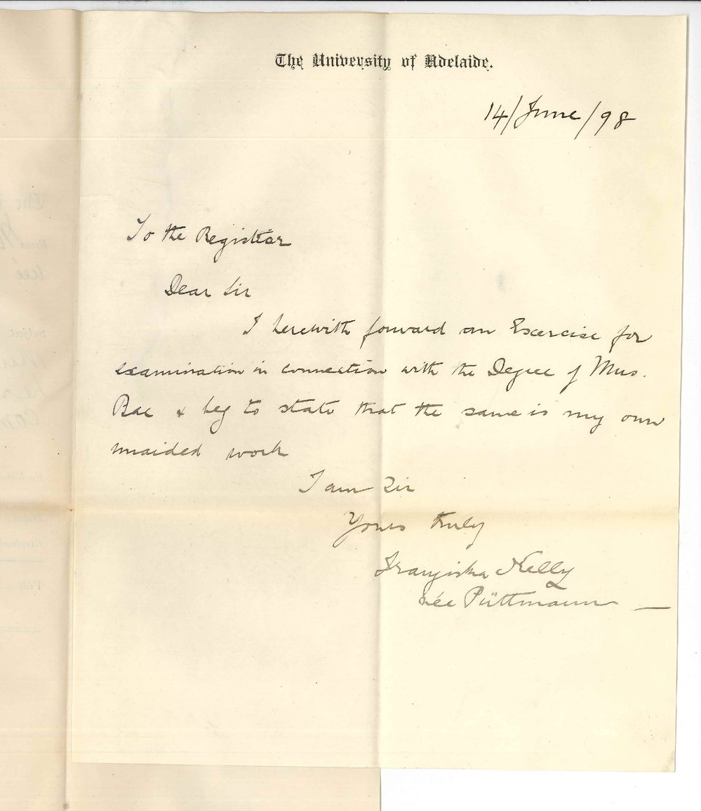 Mrs J G Kelly - Nee Miss Franziska Puttmann - Declaration that Mus Bac Exercise is her own unaided composition