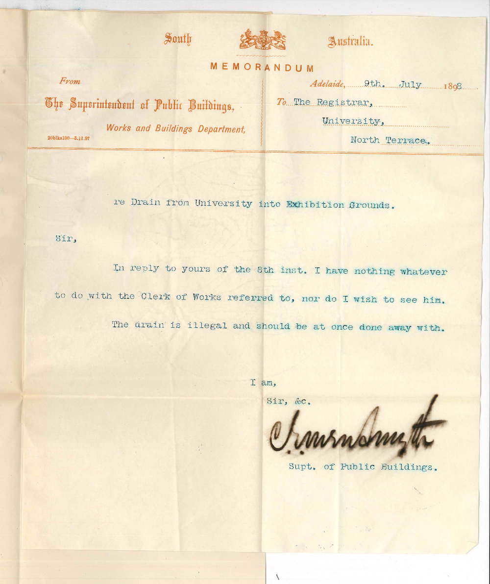 C E Owen Smyth - Superintendent of Public Buildings - Drain from University into Exhibition Grounds