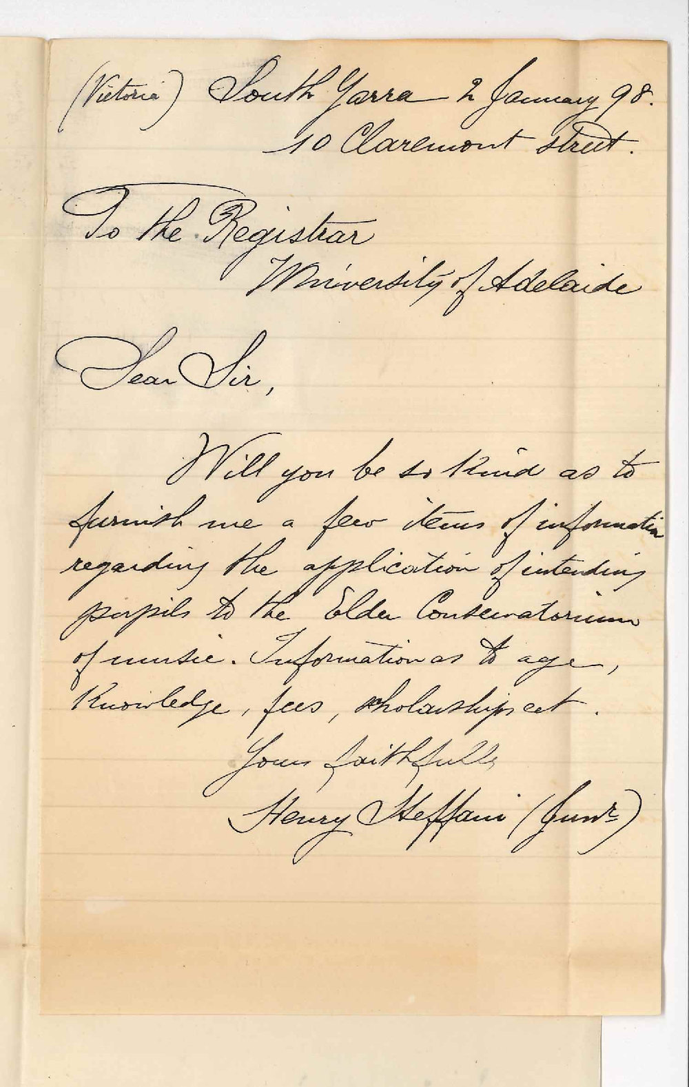 Henry Heffain Junior - South Yarra Victoria - Information concerning Students for the Conservatorium