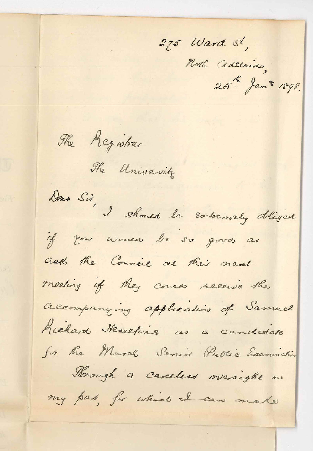 Donald Kerr - North Adelaide - Application for Samuel Richard Heseline entry March Senior