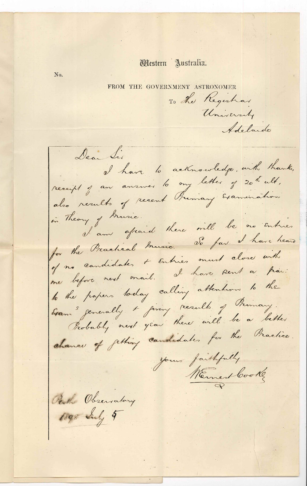 William Ernest Cooke - Perth - Concerning Practical Exam in Perth