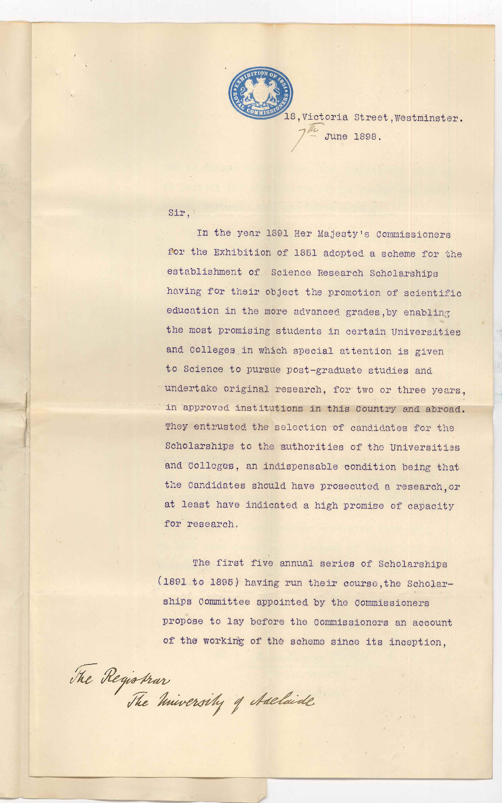 Arthur Ellis - Secretary - Royal Commissioners Exhibition of 1851 - Asking for report concerning Science research Scholarships