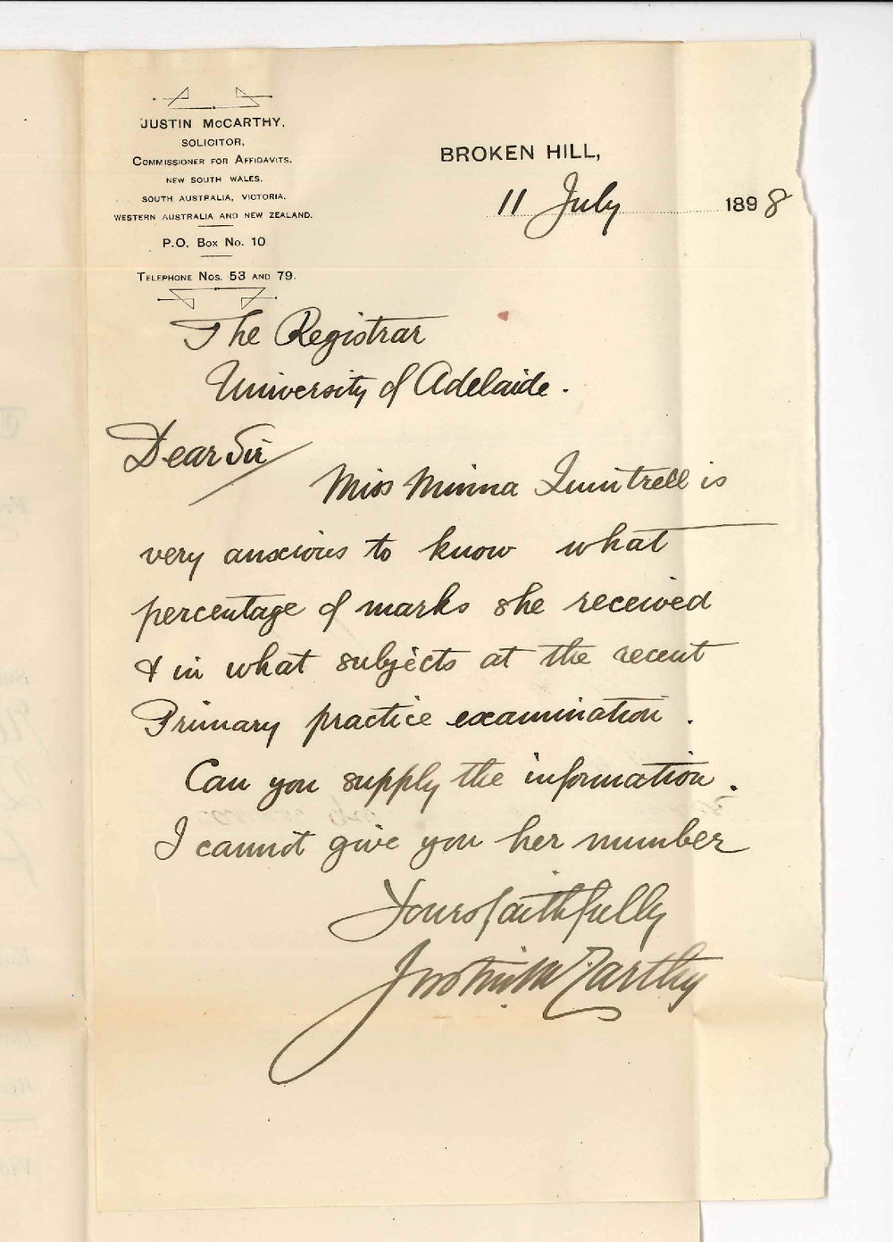 Justin McCarthy - Broken Hill - Percentage of marks received by Miss Minna Quintrell in Primary Practice