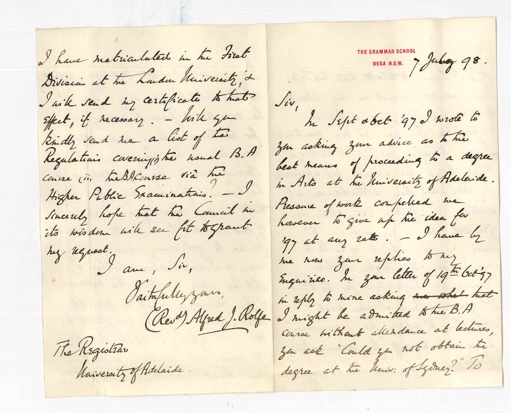 Reverend Alfred J Rolfe - The Grammar School - Bega NSW - Concerning the BA Course