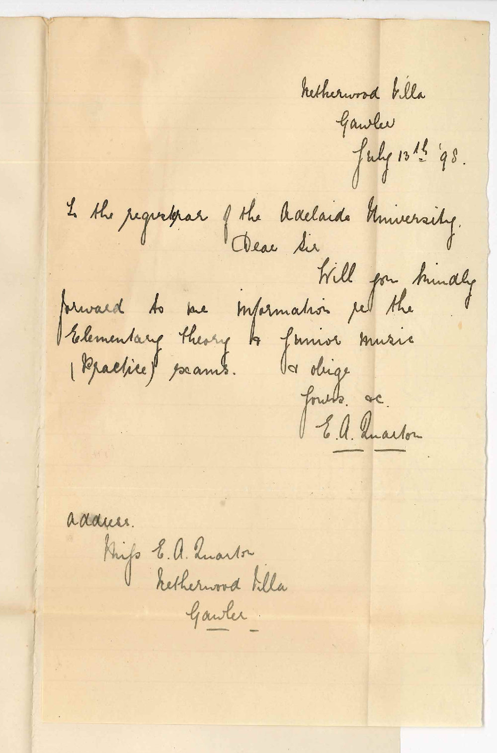 E A Quarton - Gawler - Information re Elementary Theory and Junior Practice