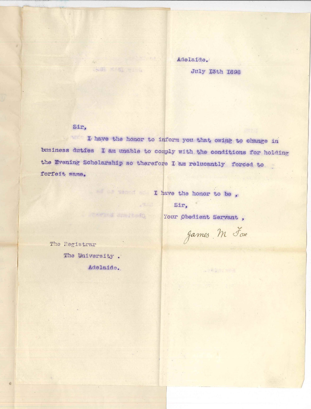 John Henry Fox - Adelaide - Resigns Scholarship