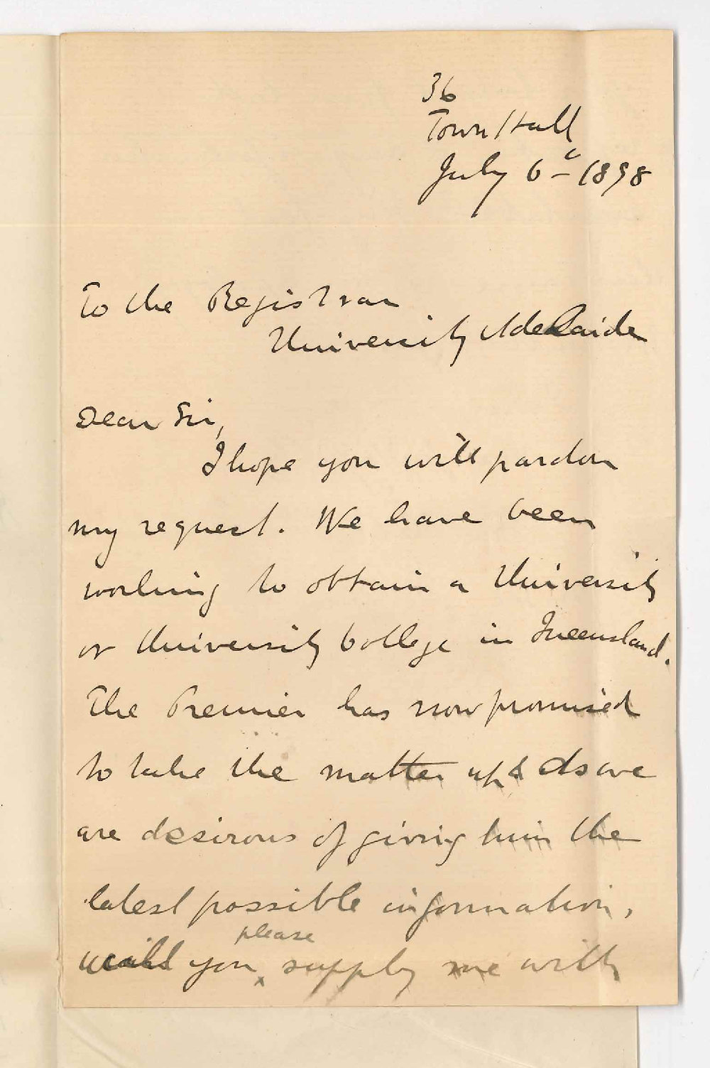 Littleton E Groom - Honorary Secretary University Extension Queensland - Request for Calendar