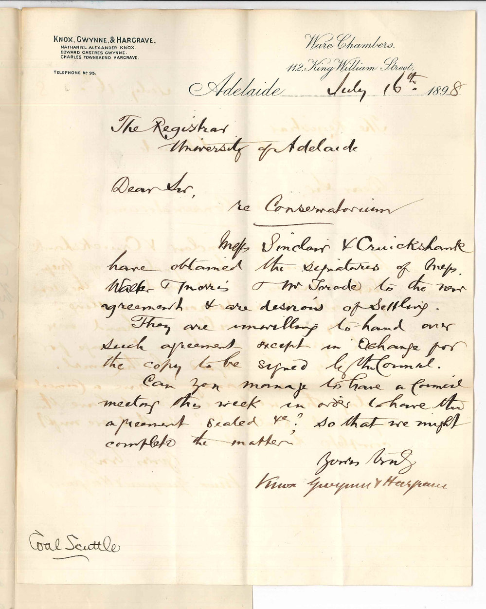 Knox Gwynne and Hargrave - Agreement between the University and Walter and Morris and W C Torode regarding Conservatorium