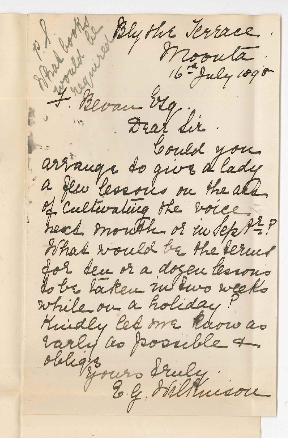 Mrs E G Wilkinson - Moonta - Lessons on art of cultivating the voice