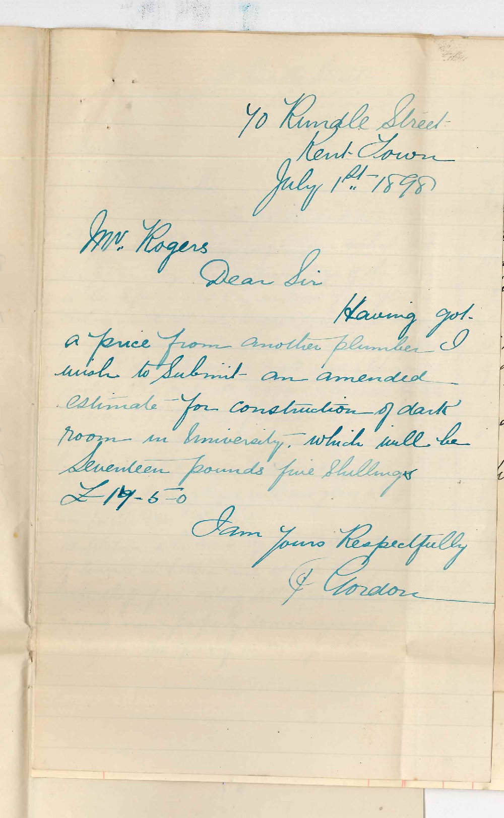 P Gordon and Lewis Harris - Tenders for erecting Photographic Dark Room