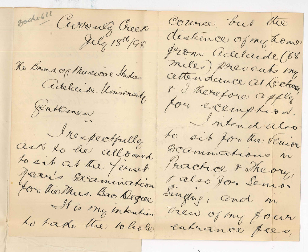 Miss Marion Kirkwood Kemp - Currency Creek - Request to sit at Mus Bac Examination without attendance at Lectures