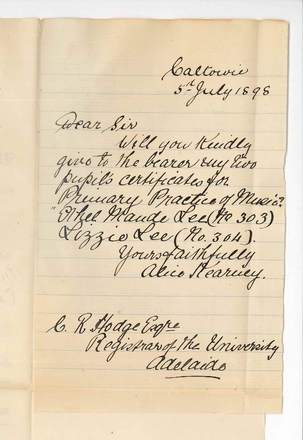 Miss Alice Kearney - Caltowie - Request for Primary Practice Certificates Ethel M Lee and Lizzie Lee