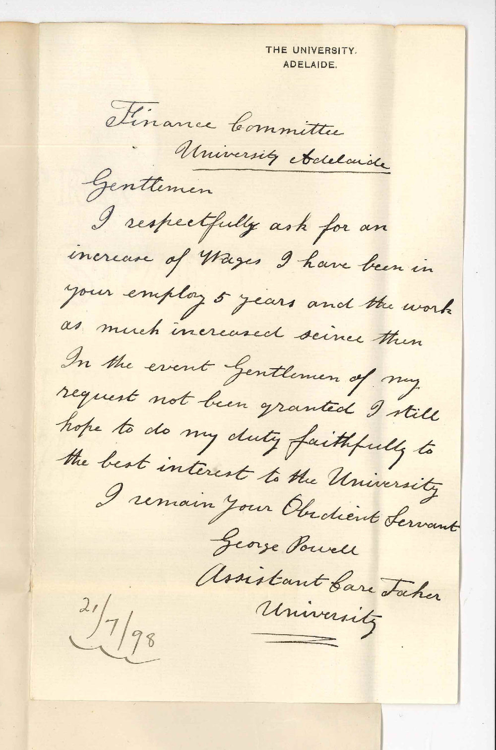 George Powell - University - Application for increase of wages