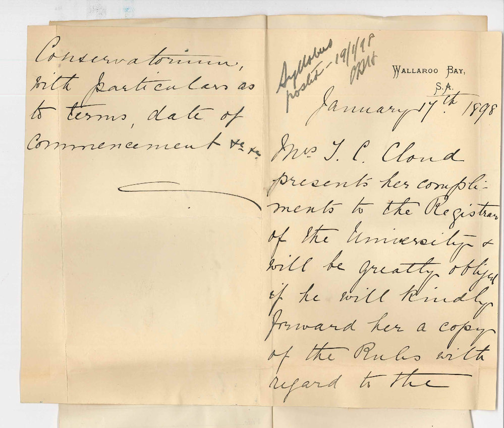 Mrs Thomas Charles Cloud - Wallaroo Bay - Asking for a Copy of Rules for Conservatorium of Music