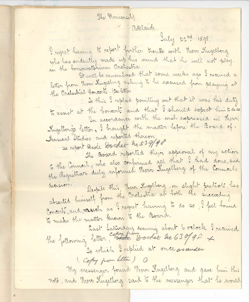 Hermann  Kugelberg - Conservatorium - Explaining why he did not play in Orchestral Concert on 16 July 1898 - Copy of Professor Joshua Ives reply
