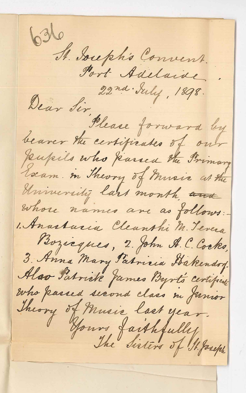 Sisters of St Joseph - Port Adelaide - Request for Primary and Junior Certificates