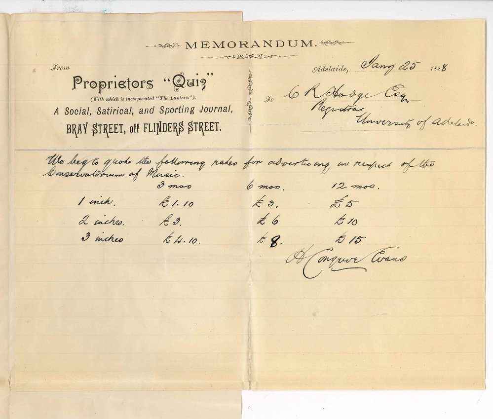 Harry Congreve Evans - Quiz Office - Adelaide - Rates quoted for advertising Conservatorium of Music in Quiz