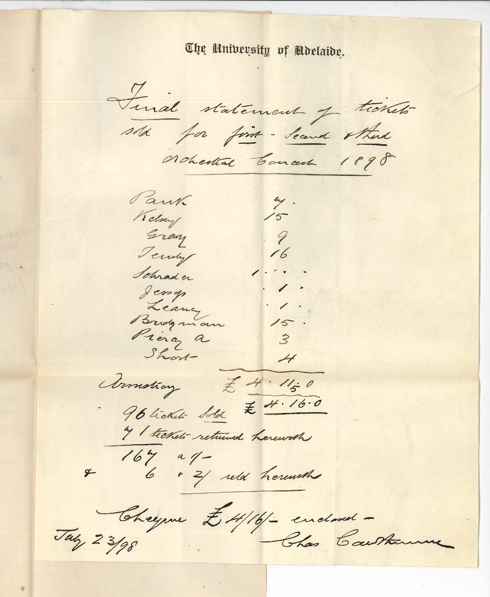 Charles Cawthorne - Adelaide - Final Statement of tickets sold for 1st and 3rd Orchestral Concerts