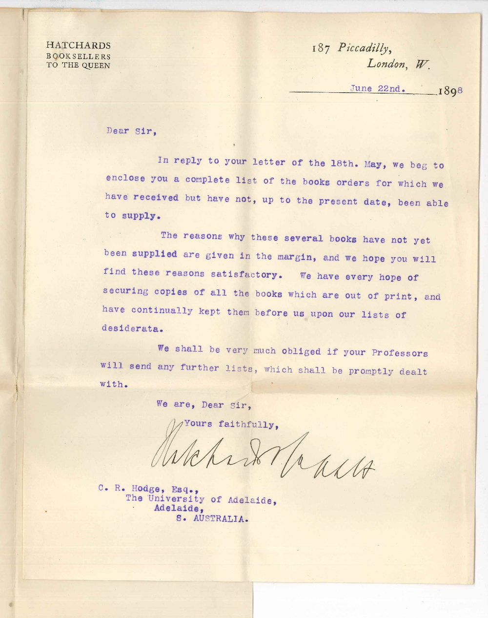 Hatchards - London - List of books unavailable for supply