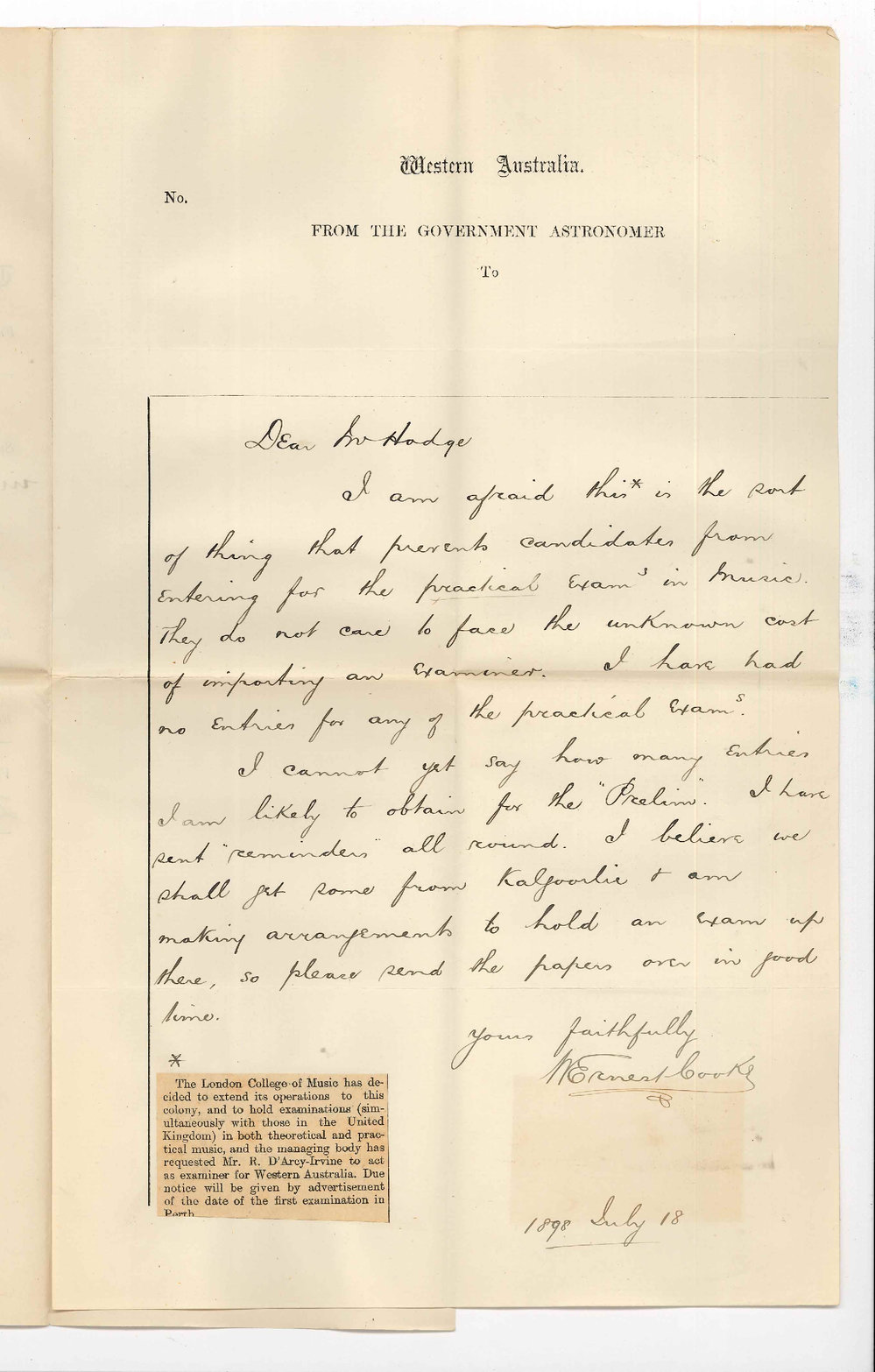 William Ernest Cooke - Perth WA - Concerning Examinations in Perth