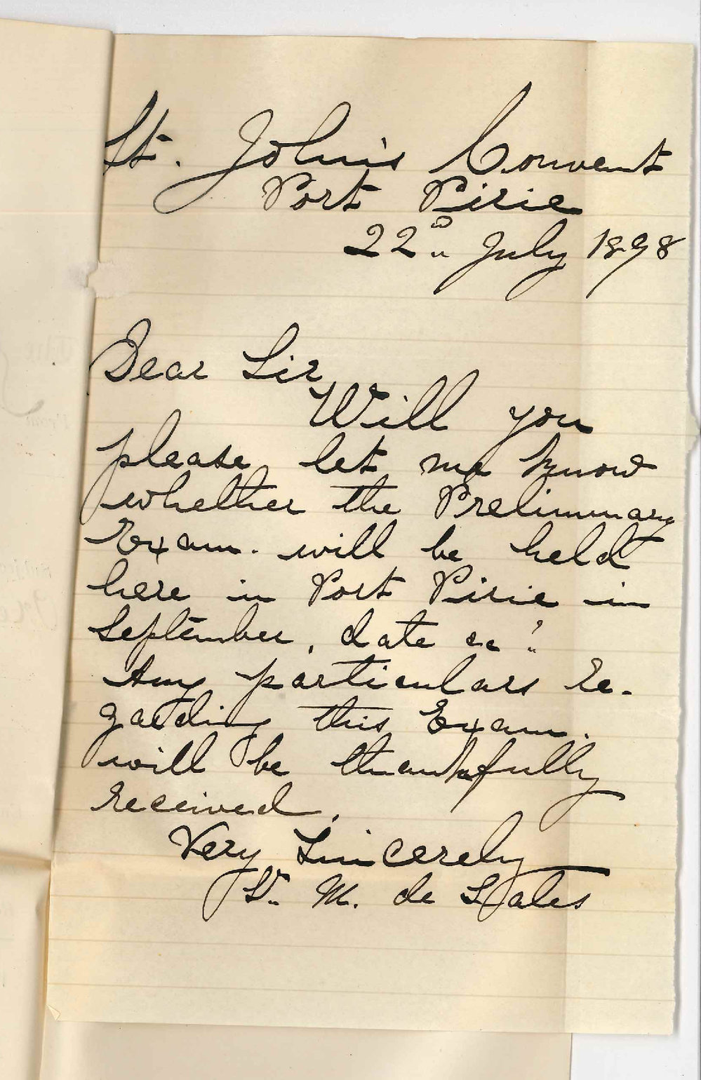 Sister M de Sales - St Johns Convent - Port Pirie - Information on Preliminary Examination