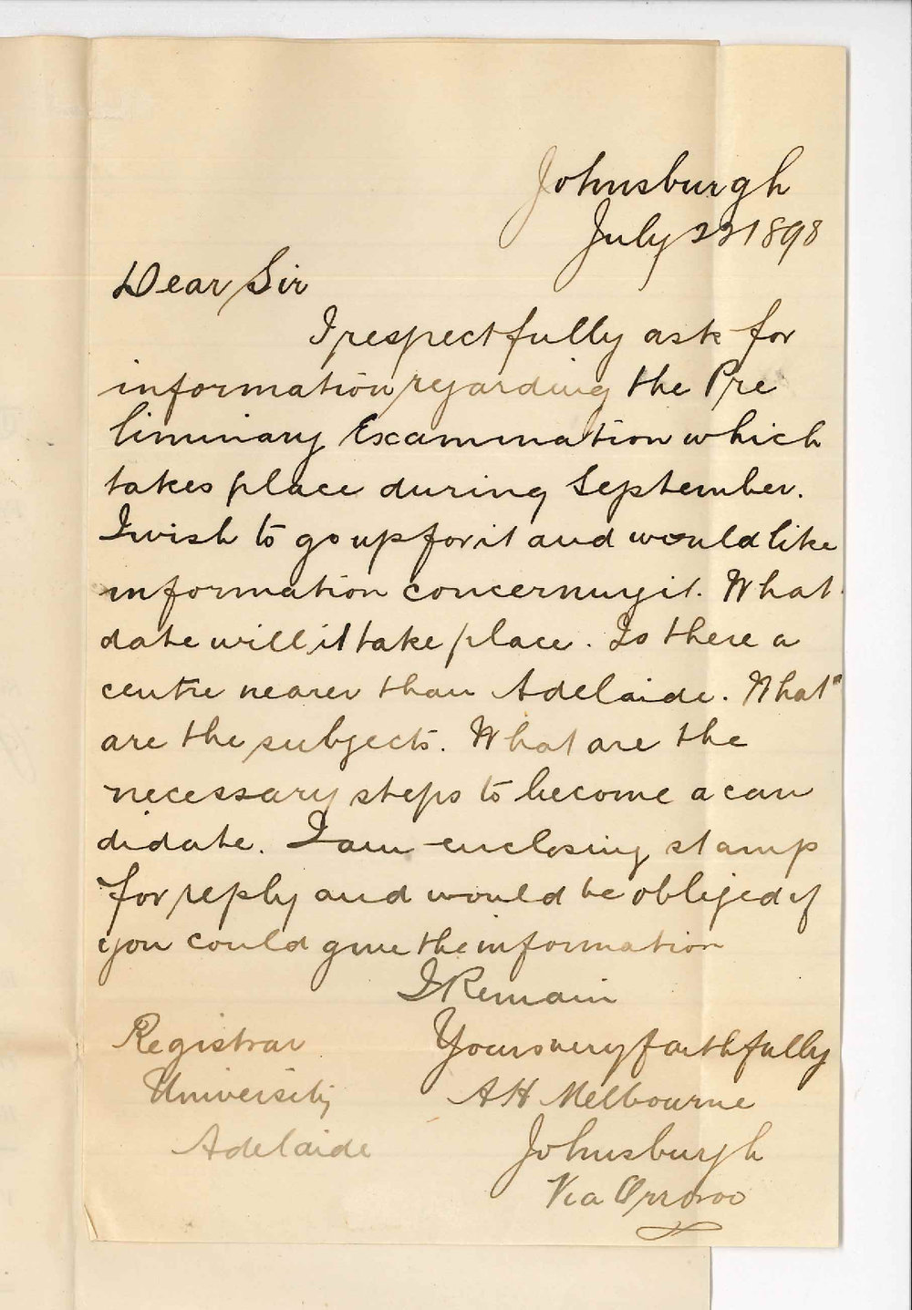 A H Melbourne - Johnsburgh - Information on Preliminary Examination