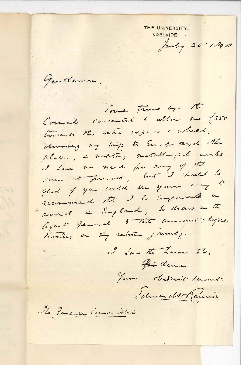 Professor Edward Henry Rennie - With reference to the sum &pound;250 allowed by Council towards Dr Rennies expenses