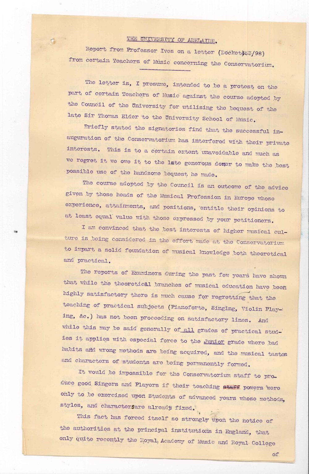 E Harold Davies and Members of Musical Profession - Protest against course pursued by Council in the conduct of the Elder Conservatorium
