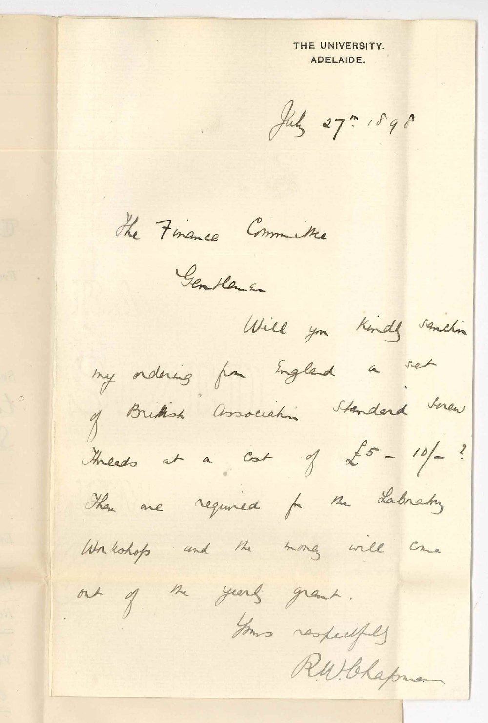 Robert William Chapman - Request for permission to order set of British Association Standard Screw Threads