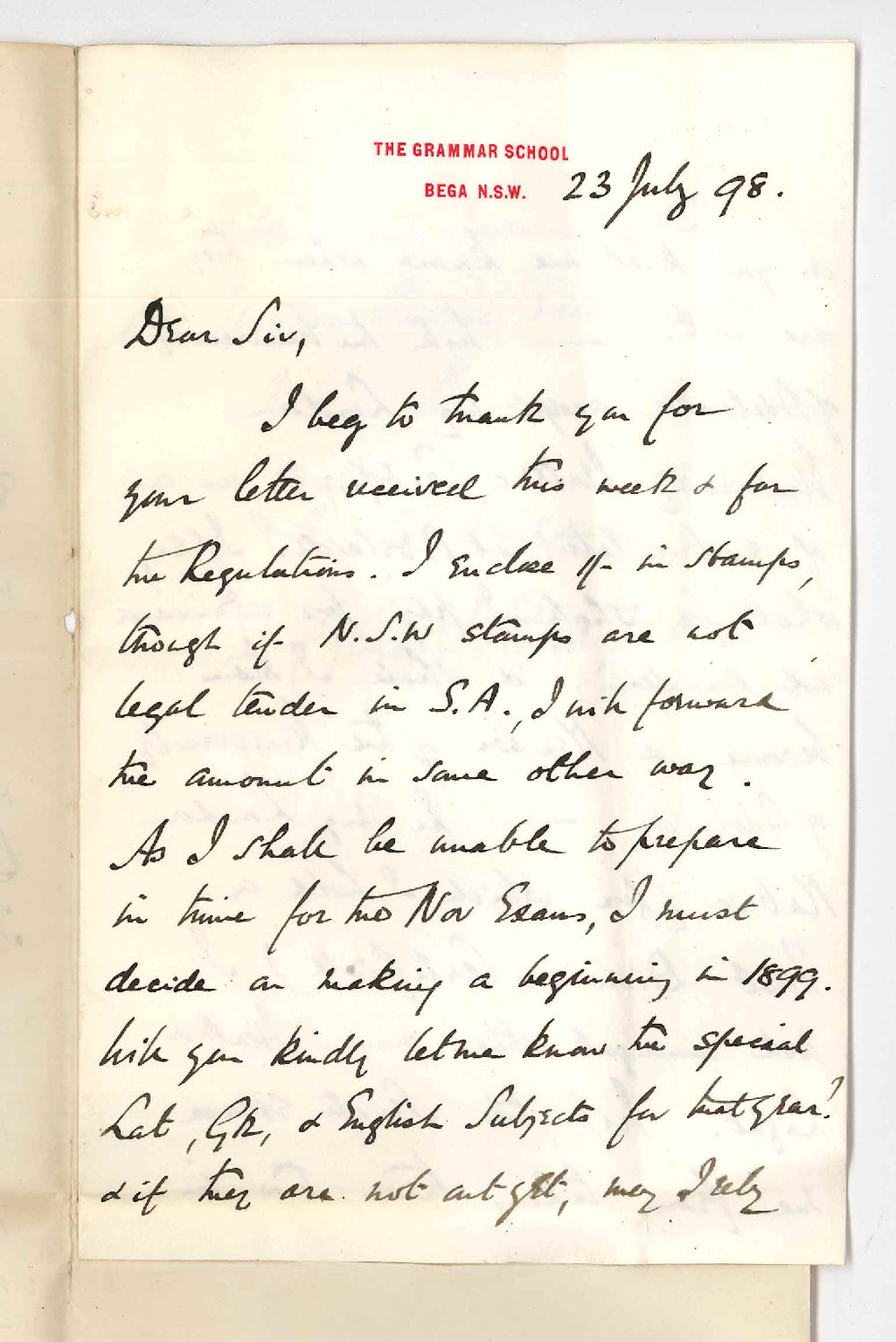 Rev A J Rolfe - Bega Grammar School NSW - Proceeding for BA Degree through the Higher Public Exams