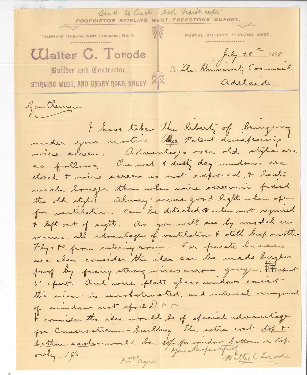 Walter C Torode - Patent Wire Gauze Blind and proposed road