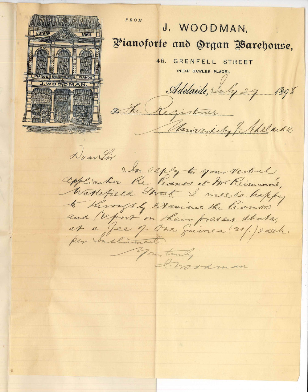 J Woodman - Adelaide - Quotation for examining and reporting on Mr Reimanns Pianos