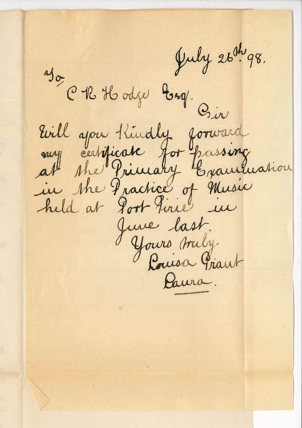 Miss Louisa Grant - Laura - Request for Primary Practice Certificate